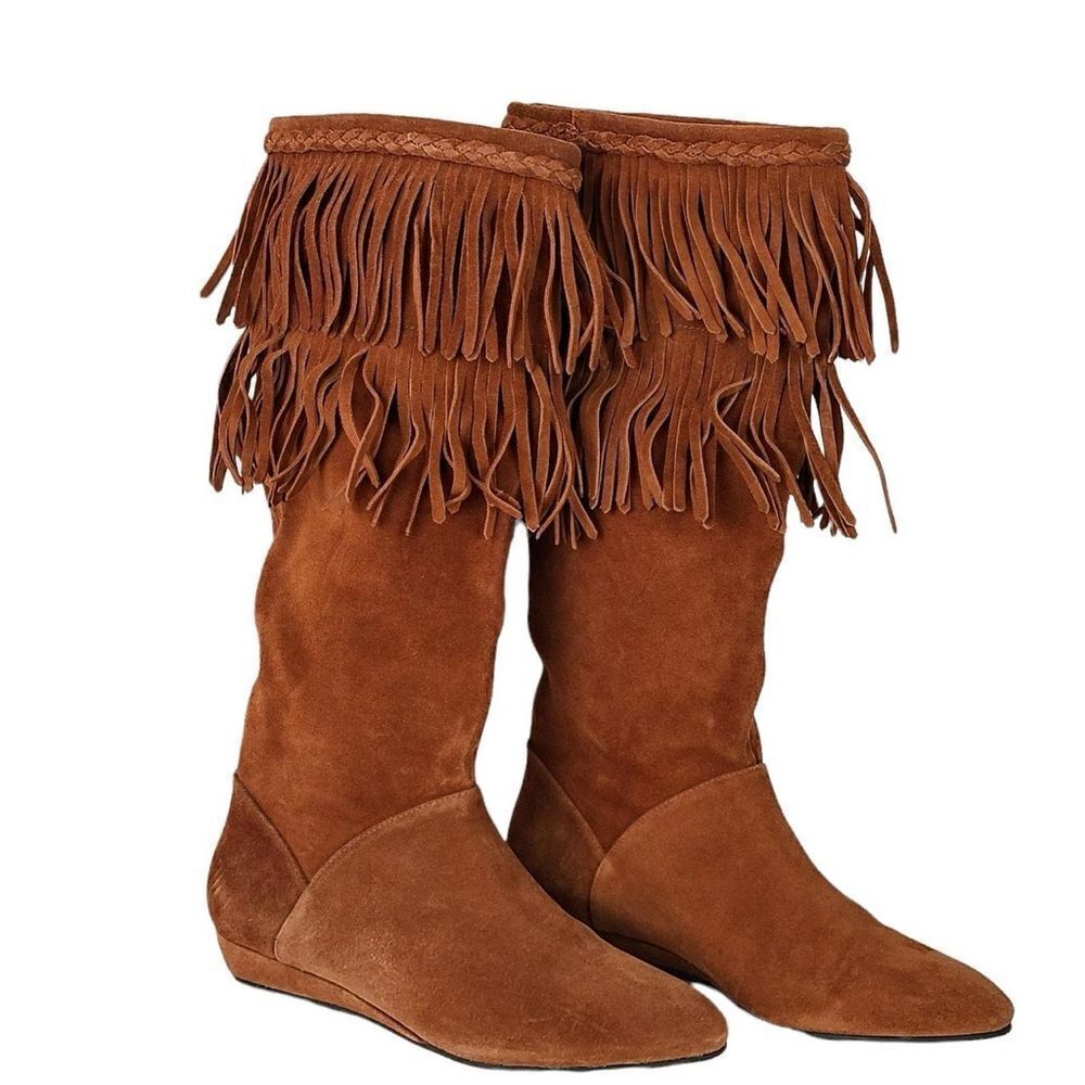 Gianni Bini rust suede knee high tall slouchy fringed boots with 1" wedge